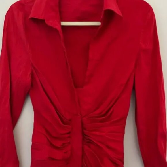 Zara red ruched Festive Sexy holiday Christmas Party long sleeve Midi dress M - Picture 3 of 11